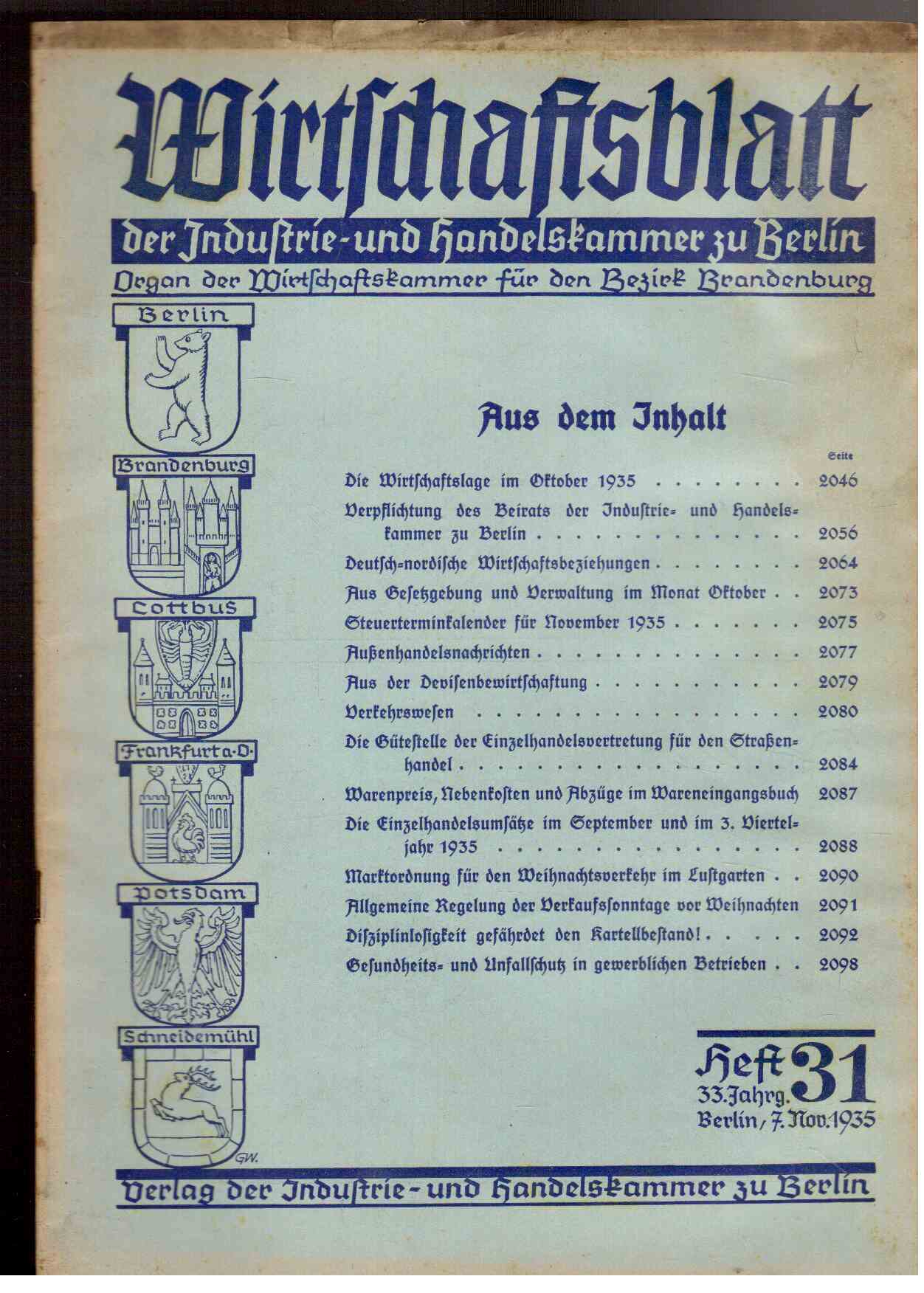 Wirtschaftsblatt der Industrie- und Handelskammer zu Berlin. Organ der Wirtschaftskammer Berlin-Brandenburg. 33. Jahrgang, Heft 31