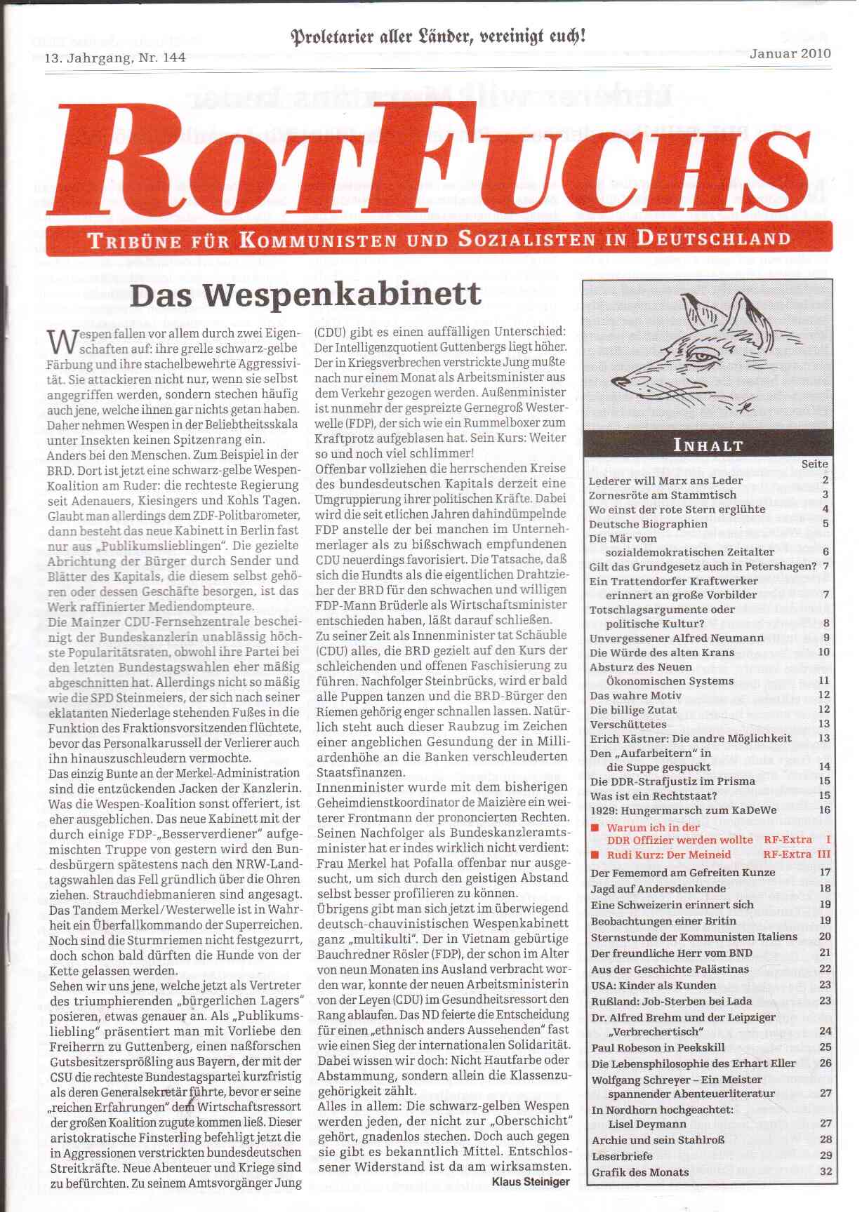 RotFuchs : Tribüne für Kommunisten und Sozialisten in Deutschland. 13. Jahrgang, Nr. 144, Januar 2010