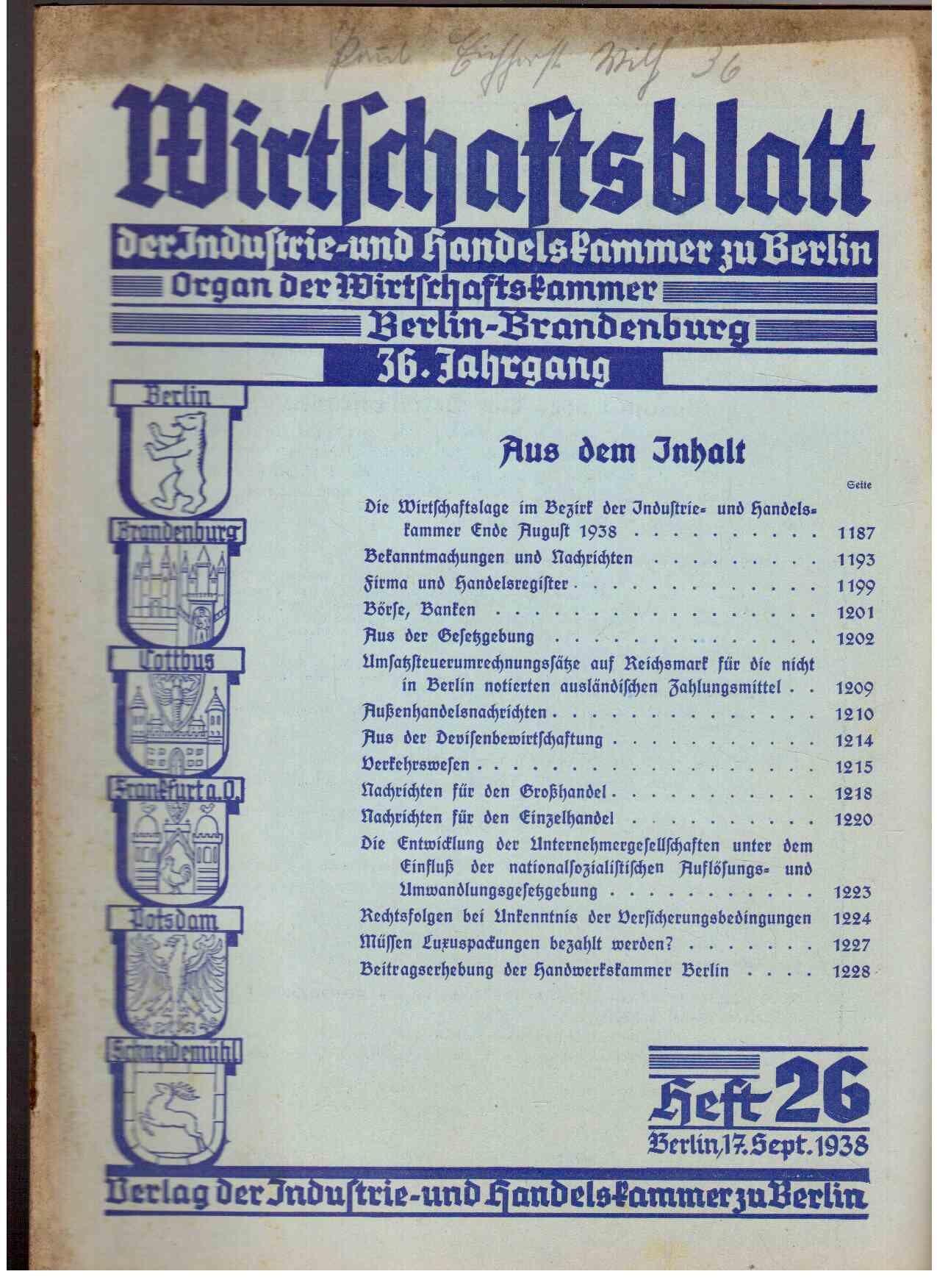 Wirtschaftsblatt der Industrie- und Handelskammer zu Berlin. Organ der Wirtschaftskammer Berlin-Brandenburg. 36. Jahrgang, Heft 26 (1938)