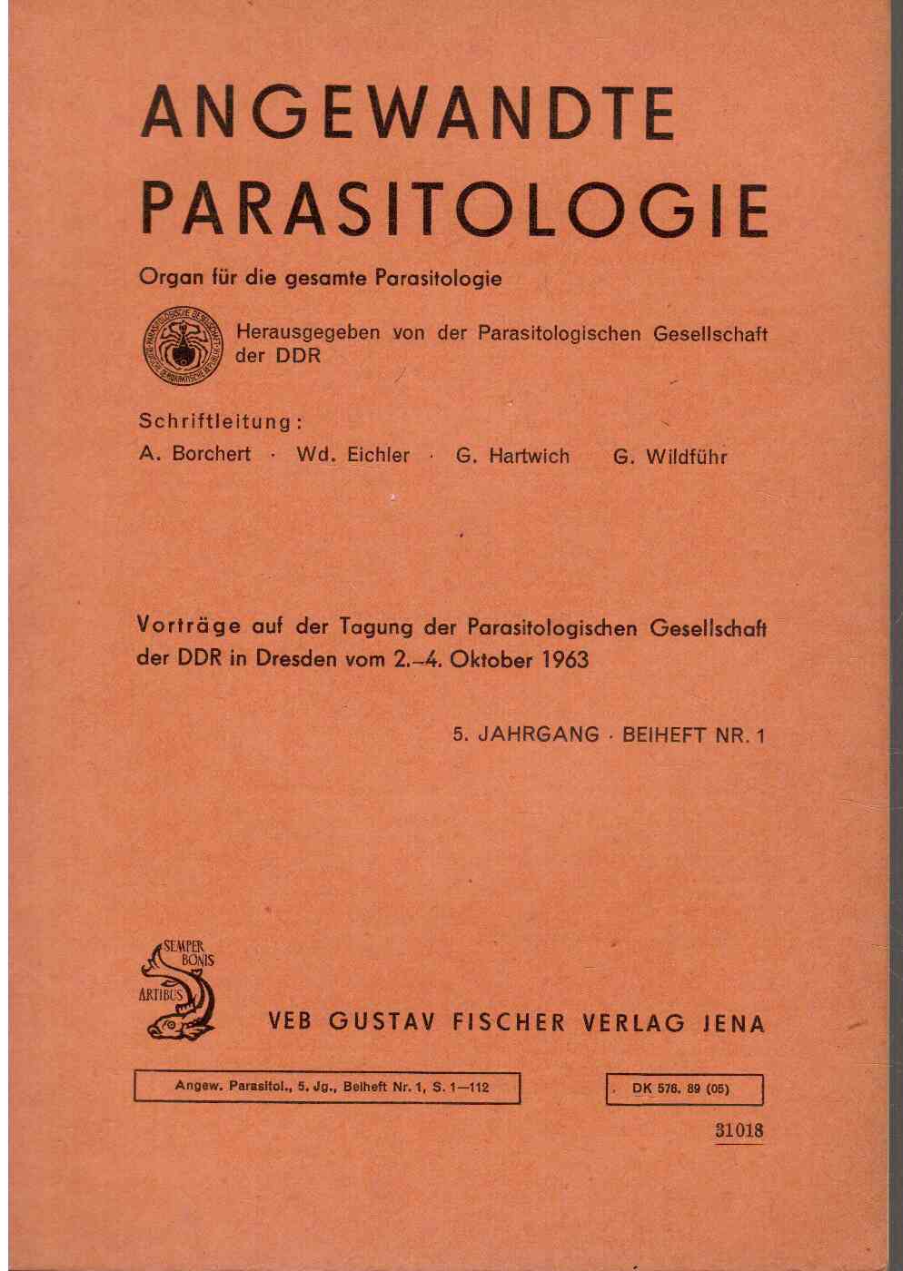 Angewandte Parasitologie : Organ für die gesamte Parasitologie. 5.Jahrgang, Heft 1
