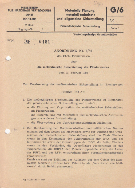 Anordnung Nr. 5(80) über die meßtechnische Sicherstellung im Pionierwesen vom 1. Febr. 1980