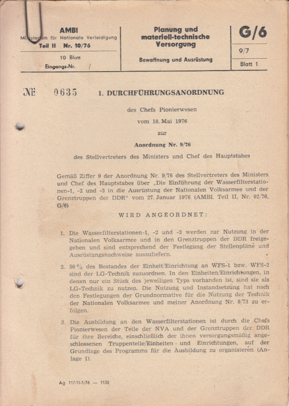 1. Durchführungsanordnung vom 18. Mai 1975 zur Anordnung Nr. 9(76) über die Einführung der Wasserfilterstationen