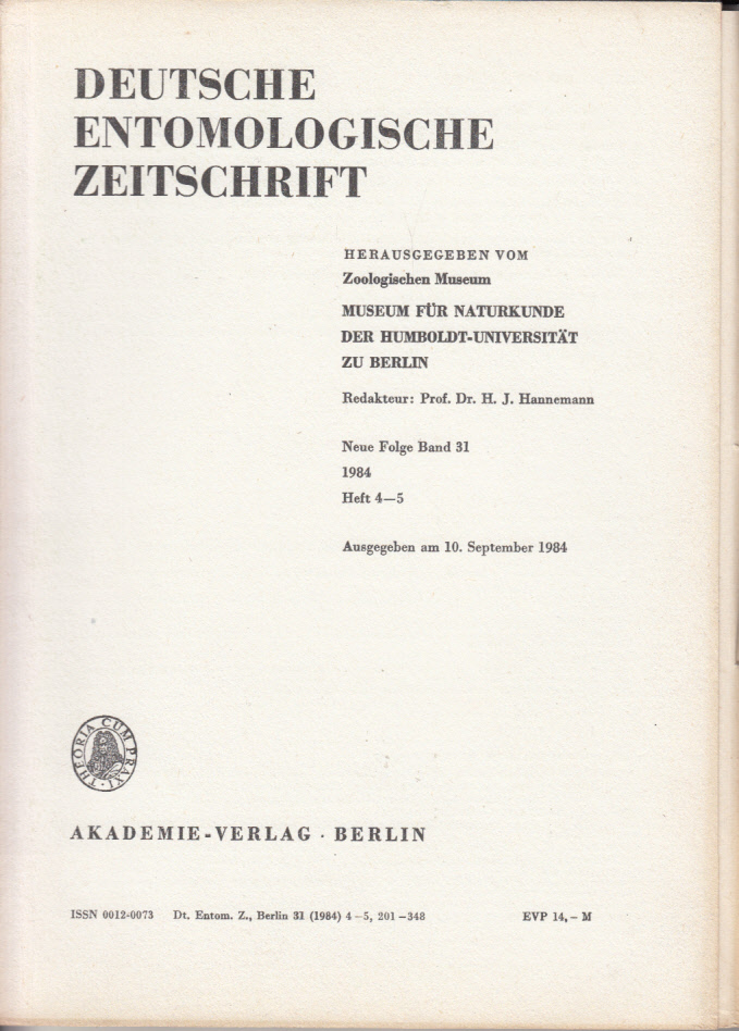 Deutsche Entomologische Zeitschrift, Neue Folge Band 31, Jahrgang 1984, Heft 4-5