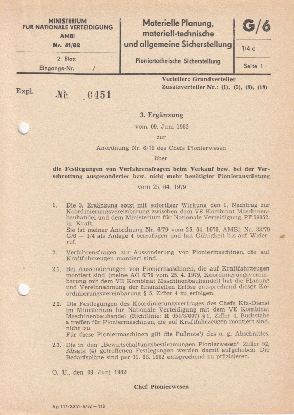 3. Ergänzung vom 09. Juni 1982 zur Anordnung Nr. 6(79) des Chefs Pionierwesen über die Festlegungen vom Verfahrensfragen beim Verkauf bzw. bei der Verschrottung ausgesonderter bzw. nicht mehr benötigter Pionierausrüstung vom 25.04.1979