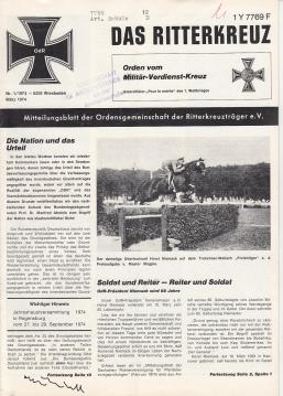 Das Ritterkreuz. Mitteilungsblatt der Ordensgemeinschaft der Ritterkreuzträger e.V. Nr. 1(1974)