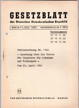 Preisanordnung Nr. 1344 - Anordnung über die Preise für Objektive für Aufnahme und Wiedergabe - Vom 23. April 1959