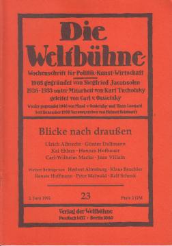 Die Weltbühne. Wochenschrift für Politik, Kunst, Wirtschaft. 87. Jhrg., XLVII, Nr. 23 vom 2. Juni 1992