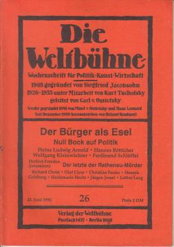 Die Weltbühne. Wochenschrift für Politik, Kunst, Wirtschaft. 87. Jhrg., XLVII, Nr. 26 vom 23. Juni 1992