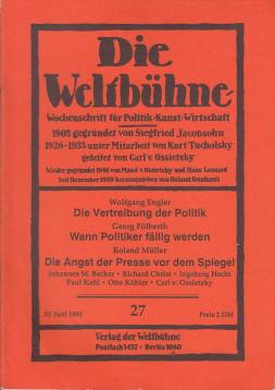 Die Weltbühne. Wochenschrift für Politik, Kunst, Wirtschaft. 87. Jhrg., XLVII, Nr. 27 vom 30. Juni 1992