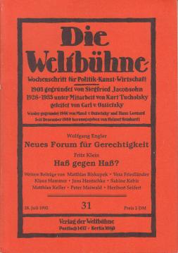 Die Weltbühne. Wochenschrift für Politik, Kunst, Wirtschaft. 87. Jhrg., XLVII, Nr. 31 vom 28. Juli 1992