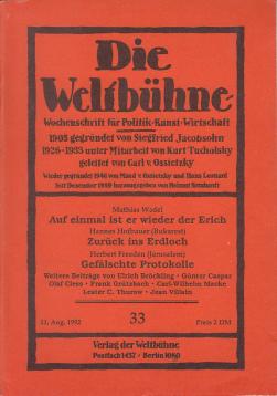 Die Weltbühne. Wochenschrift für Politik, Kunst, Wirtschaft. 87. Jhrg., XLVII, Nr. 33 vom 11. Aug. 1992