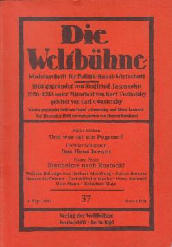 Die Weltbühne. Wochenschrift für Politik, Kunst, Wirtschaft. 87. Jhrg., XLVII, Nr. 37 vom 8. Sept. 1992