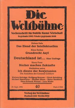 Die Weltbühne. Wochenschrift für Politik, Kunst, Wirtschaft. 87. Jhrg., XLVII, Nr. 40 vom 29. Sept. 1992