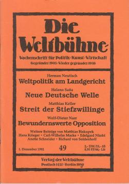 Die Weltbühne. Wochenschrift für Politik, Kunst, Wirtschaft. 87. Jhrg., XLVII, Nr. 49 vom 1. Dez. 1992