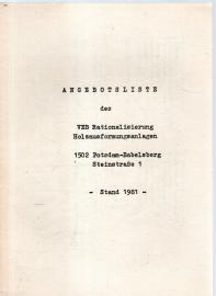 Angebotsliste des VEB Rationalisierung Holzformungsanlagen 1502 Potsdam-Babelsberg - Stand 1981